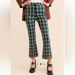 Anthropologie Green and Brown Plaid Flare Pants